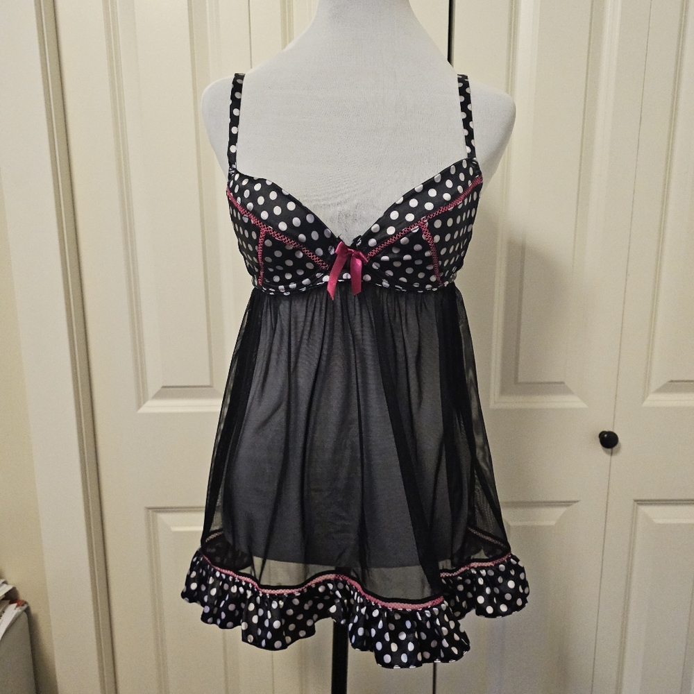 Polka Dot Mesh Babydoll Lingerie - Black and Pink Sz L